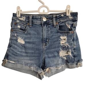 American Eagle "Hi-Rise Shortie" Destructed Distressed Jean Shorts | Size 4